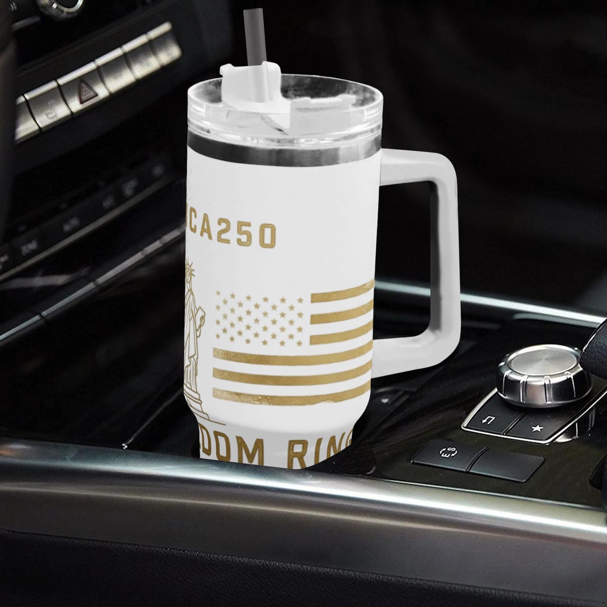 Tumbler placed inside car center console with straw fitted to display daily in-vehicle practical usage.