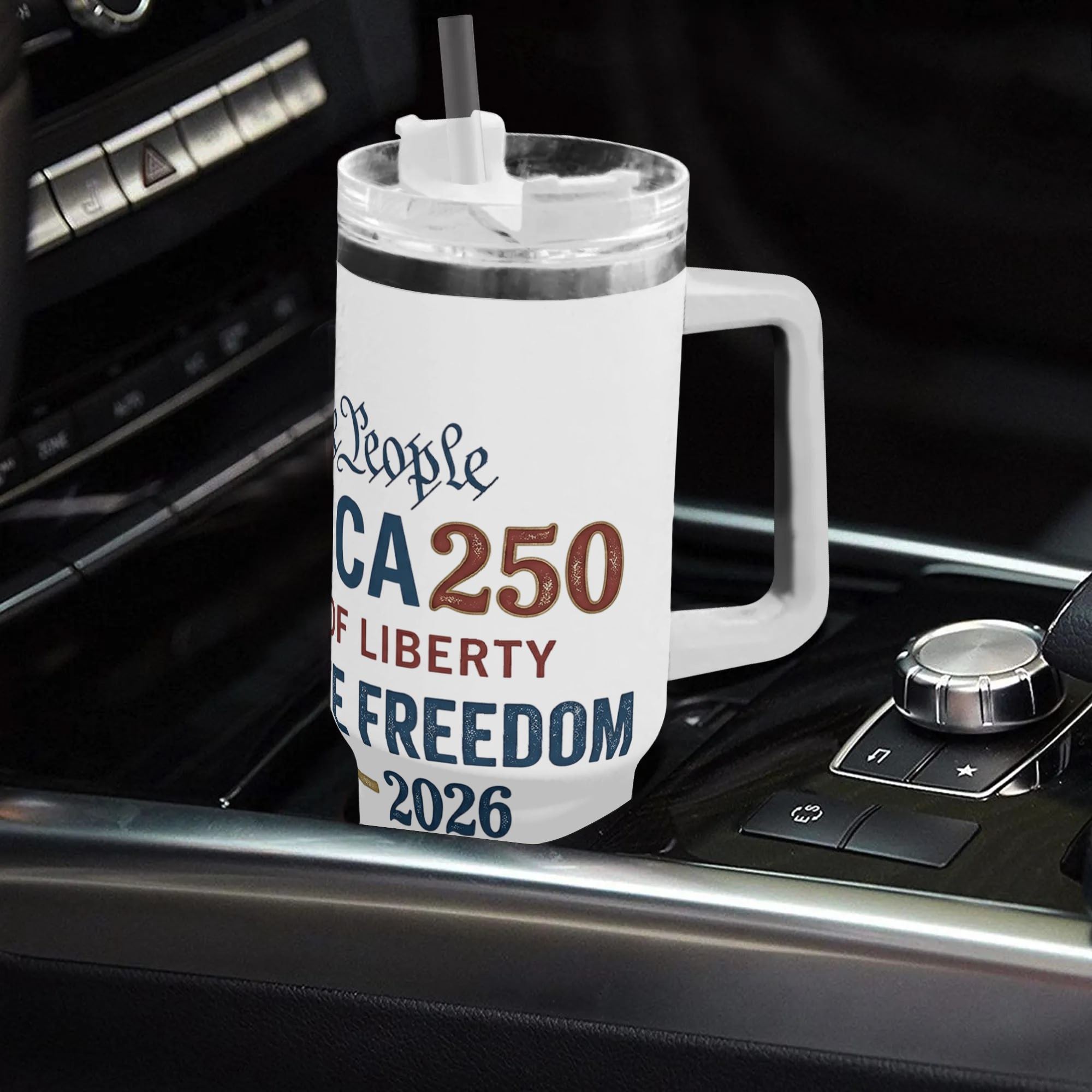 Tumbler set with straw placed inside car center console to show daily in-vehicle practical usage scene.