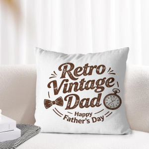 "Retro Vintage Dad" pillow cover styled on a light-toned living room sofa, showcasing the classic dad-themed graphic as cozy Father’s Day home decor.