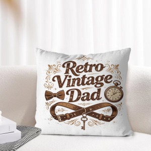 "Retro Vintage Dad" pillow cover styled on a light-toned living room sofa, showcasing the classic dad-themed graphic as cozy home decor.