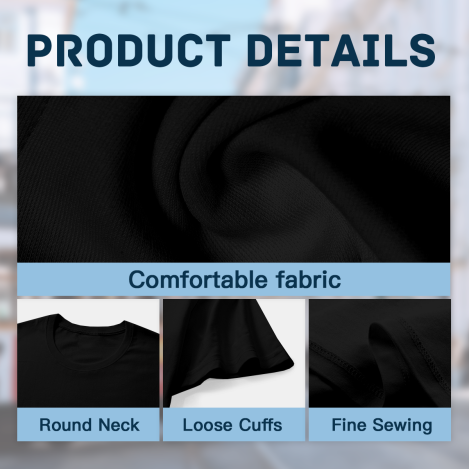 Plus size t-shirt product details, soft comfortable fabric, round neck, loose cuffs and fine sewing construction