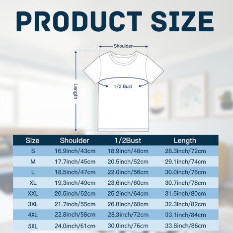 Plus size women’s t-shirt size chart, available in S-5XL, with shoulder, bust and length measurements