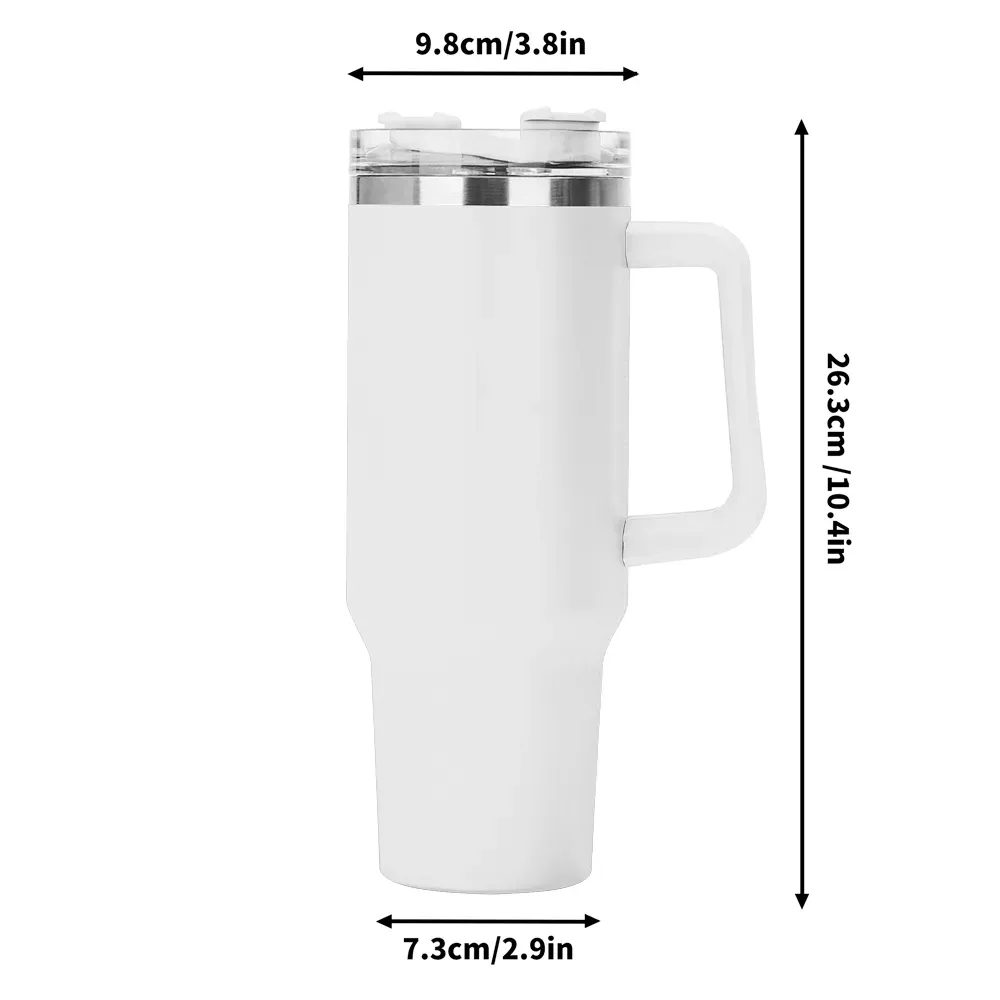 Blank white handled tumbler dimension chart: top diameter 9.8cm, bottom 7.3cm, total height 26.3cm.