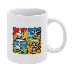 Plain view of a white 11oz soccer mug, decorated with a four-panel comic print of a duck and raccoon competing in a World Cup-style match, perfect for soccer fans.