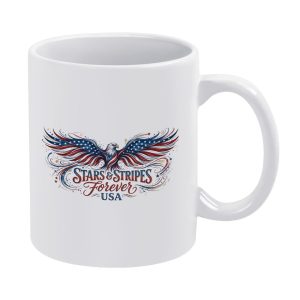 White ceramic mug featuring a vibrant "Stars & Stripes Forever USA" design with a patriotic bald eagle, perfect for showing American pride.