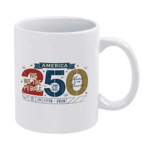 Blank white classic 11oz ceramic coffee mug with vintage distressed USA 250th print: big retro “250” numerals filled with We The People, Land of the Free Home of the Brave, America 1776-2026 plus tiny eagle, liberty bell & US flag icons.