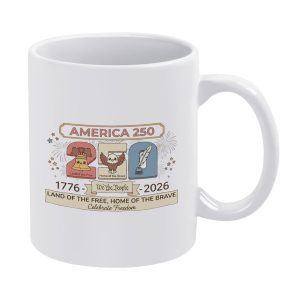 Classic 11oz white ceramic mug with cute vintage cartoon USA 250 print: stylized “250” shaped by Liberty Bell, bald eagle & constitution quill, decorated with America 250 header, star fireworks and 1776-2026 freedom banner text.