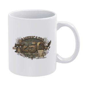 White 11oz ceramic mug with vintage engraved America 250 print including eagle, liberty bell and US 250th anniversary wording.