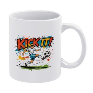 11oz white ceramic World Cup soccer mug with bold graffiti‑style “KICK IT!” text, featuring a kicking soccer player and colorful splatter paint design.