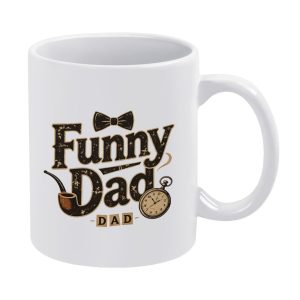 White ceramic coffee mug with vintage distressed "Funny Dad" pattern, decorated with bow tie, smoking pipe and pocket watch, lovely gift for Father’s Day.