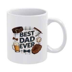 Plain view of a white 11oz ceramic mug with “Best Dad Ever” print, surrounded by dad-themed graphics (belt, bow tie, beer, razor, baseball, glove) on a plaid background, perfect for Father’s Day gifts.