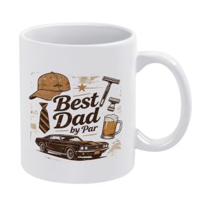 White ceramic mug featuring the vintage distressed "Best Dad by Par" design, decorated with dad-themed icons: baseball cap, striped tie, razor, beer mug, and classic muscle car.