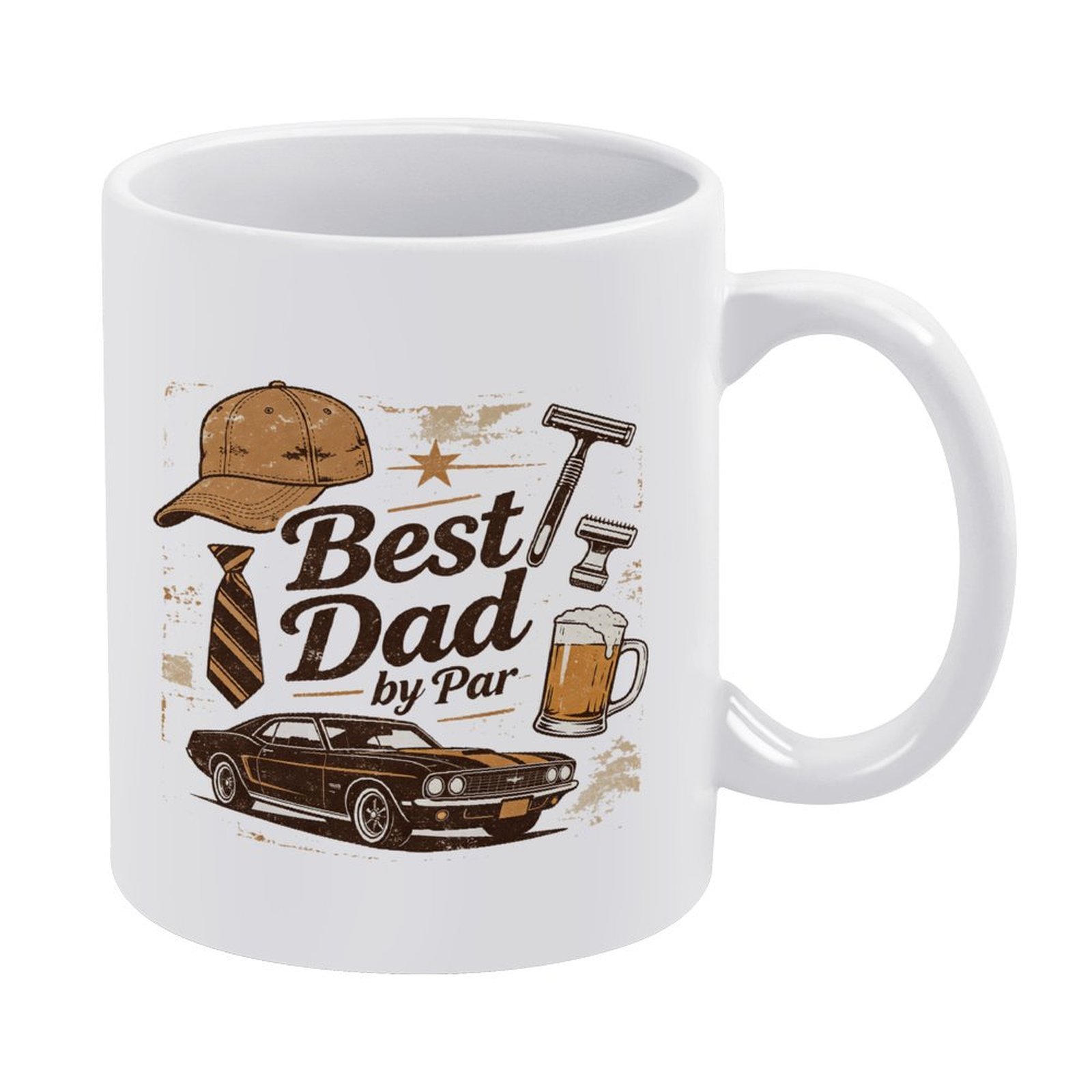 White ceramic mug featuring the vintage distressed "Best Dad by Par" design, decorated with dad-themed icons: baseball cap, striped tie, razor, beer mug, and classic muscle car.