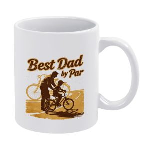 White ceramic mug featuring the vintage distressed "Best Dad by Par" design, decorated with a nostalgic silhouette of a dad teaching his child to ride a bike, warm and heartfelt for Father’s Day.