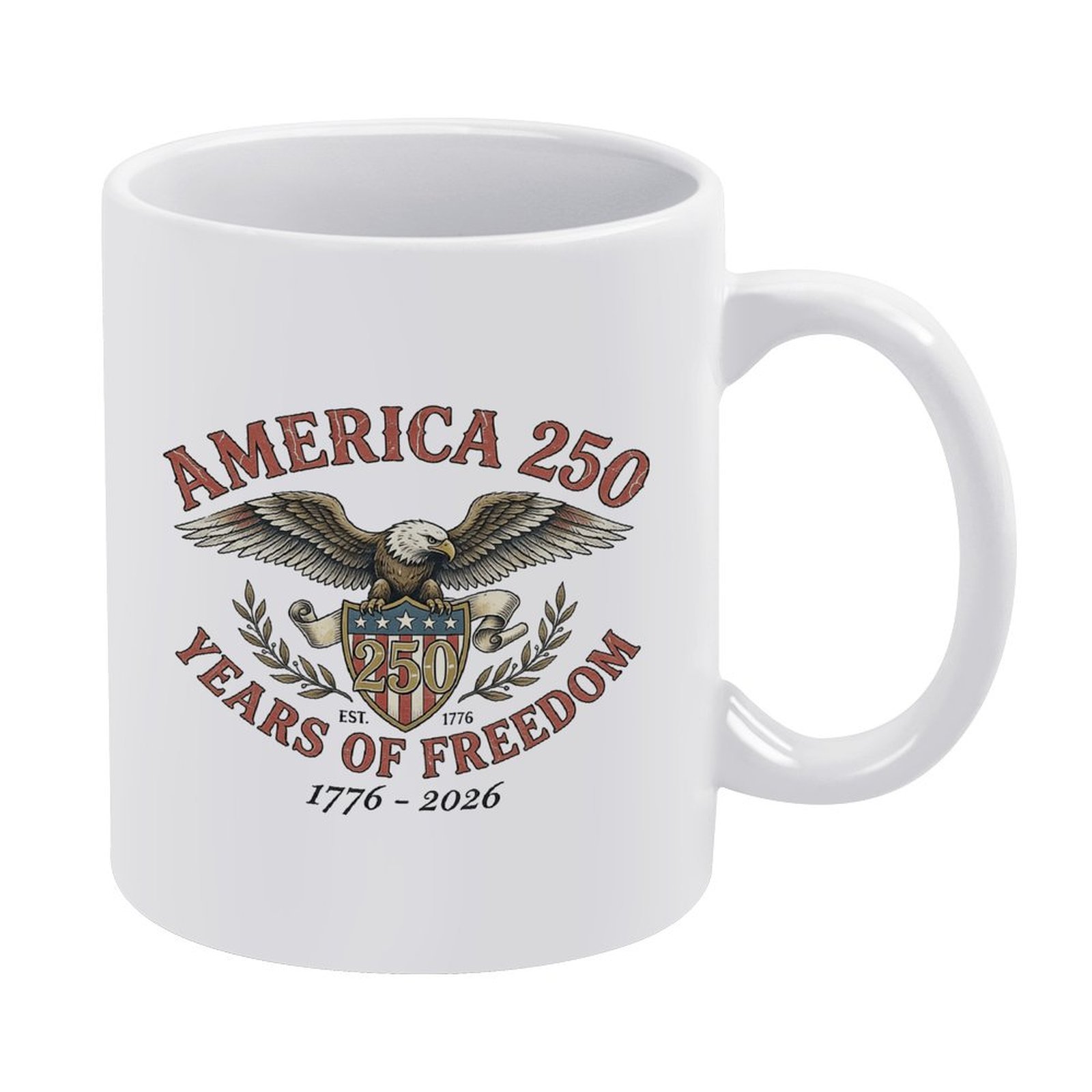 Full view of the "America 250 Years of Freedom" mug, highlighting the vintage eagle graphic and anniversary text.