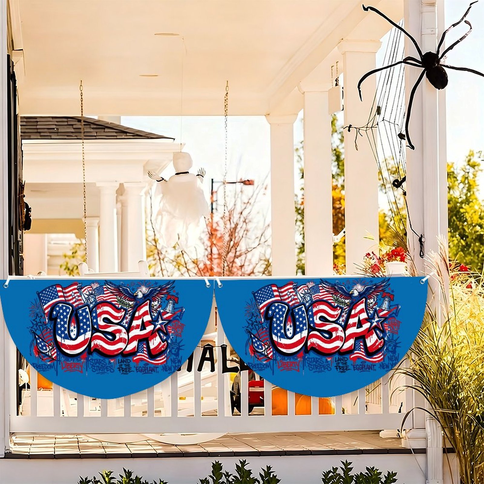 Two identical blue “USA” half-circle banners hung on a porch railing, showing how they look in a row for extended patriotic porch decor.