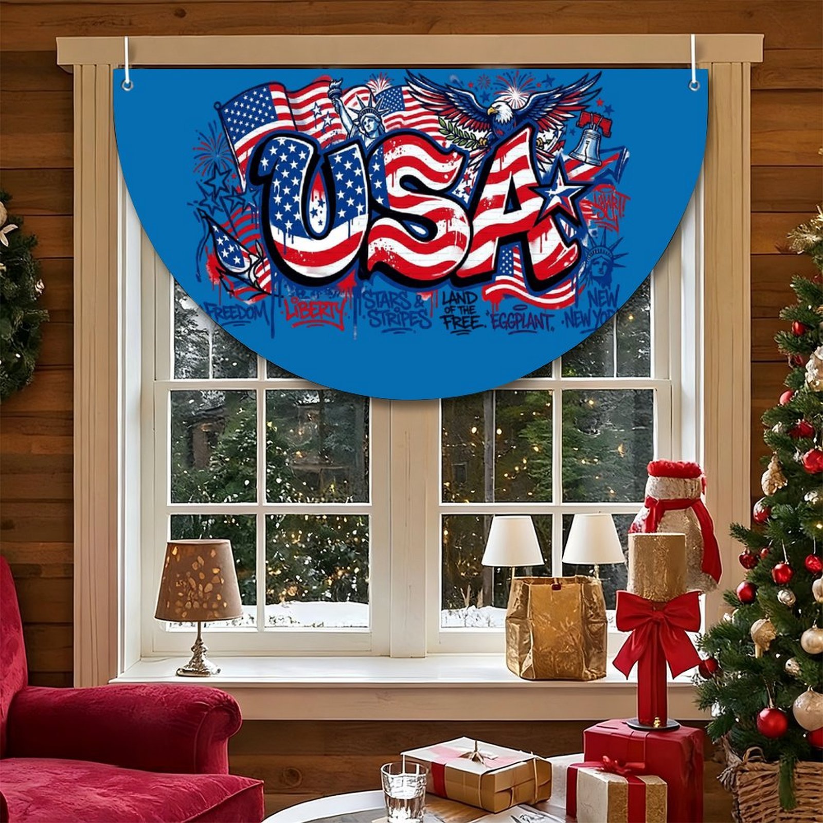 Blue “USA” half-circle banner hung on a window, displaying the graffiti-style patriotic design with stars, stripes, and American symbols indoors.