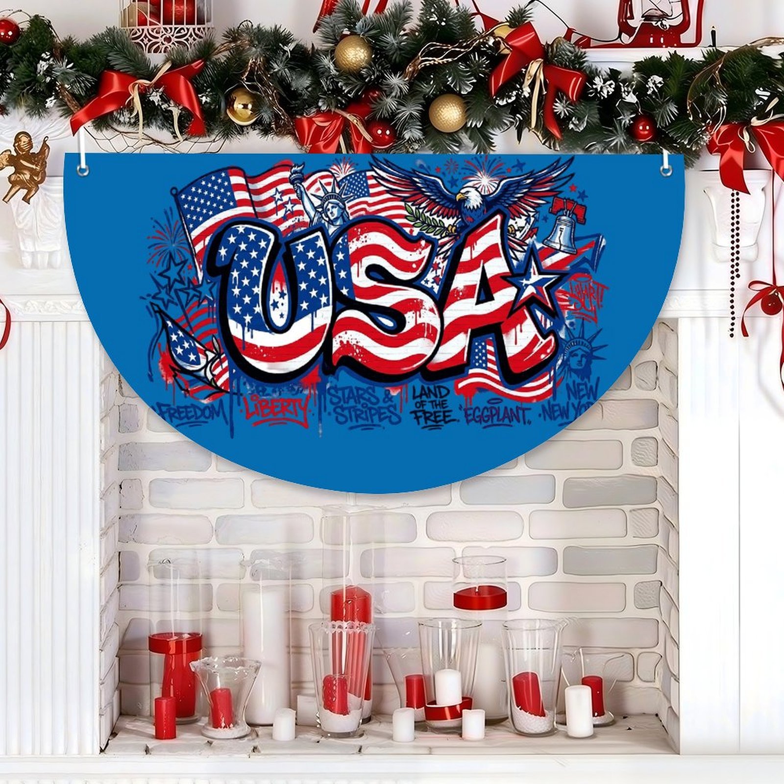Blue “USA” half-circle banner hung above a fireplace mantel, showcasing the patriotic design with graffiti-style text and symbols as home decor.