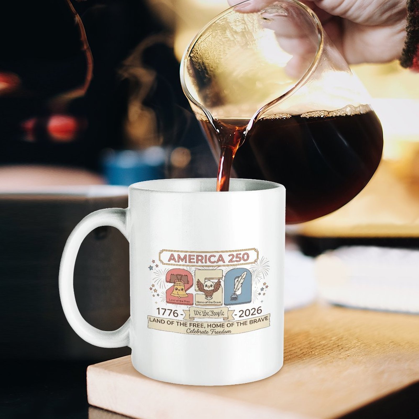 Lifestyle coffee pouring shot: patriotic printed white mug set on wooden board as freshly brewed coffee pours into cup.