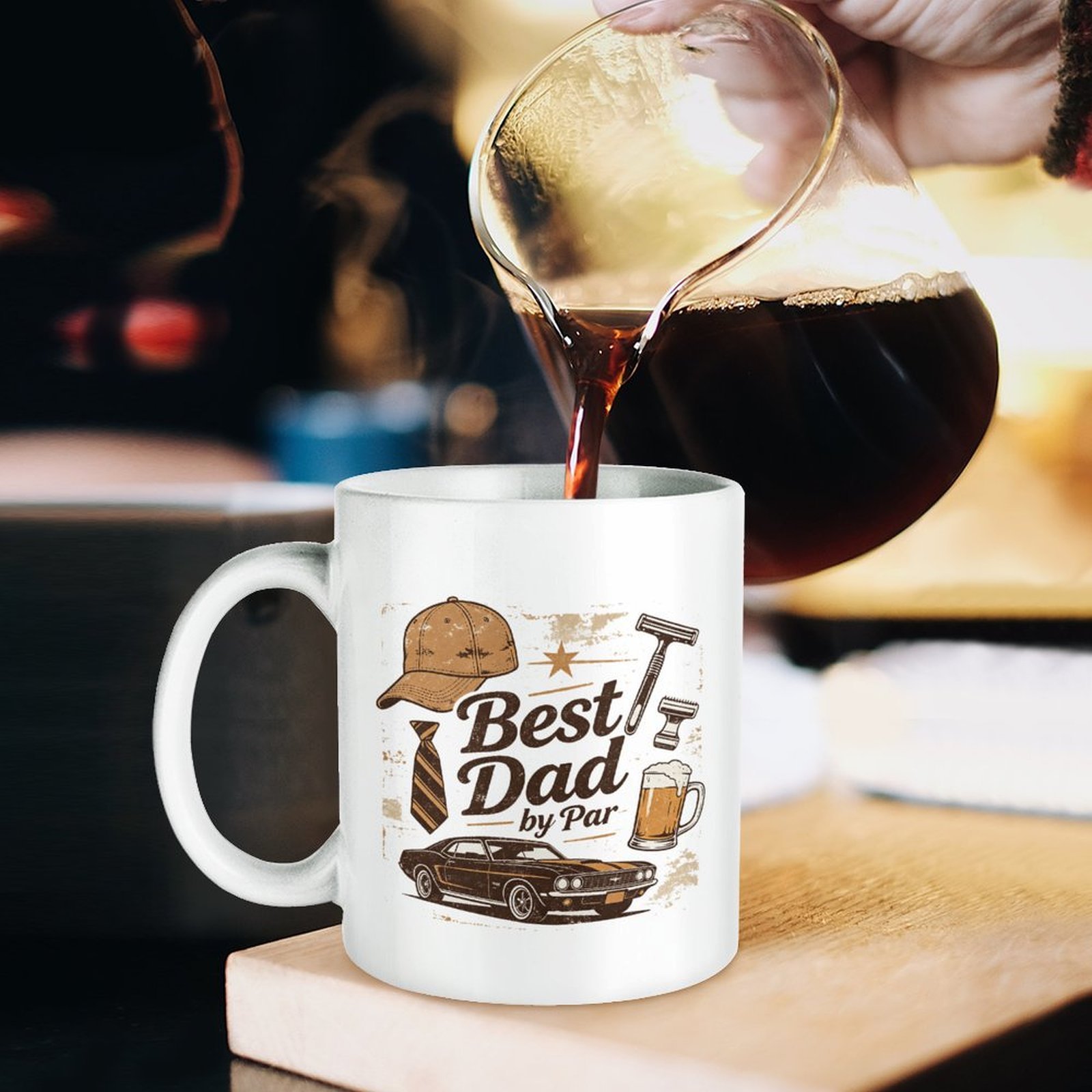 "Best Dad by Par" mug being poured with coffee, styled as a cozy Father’s Day gift for dads who love classic cars and retro style.