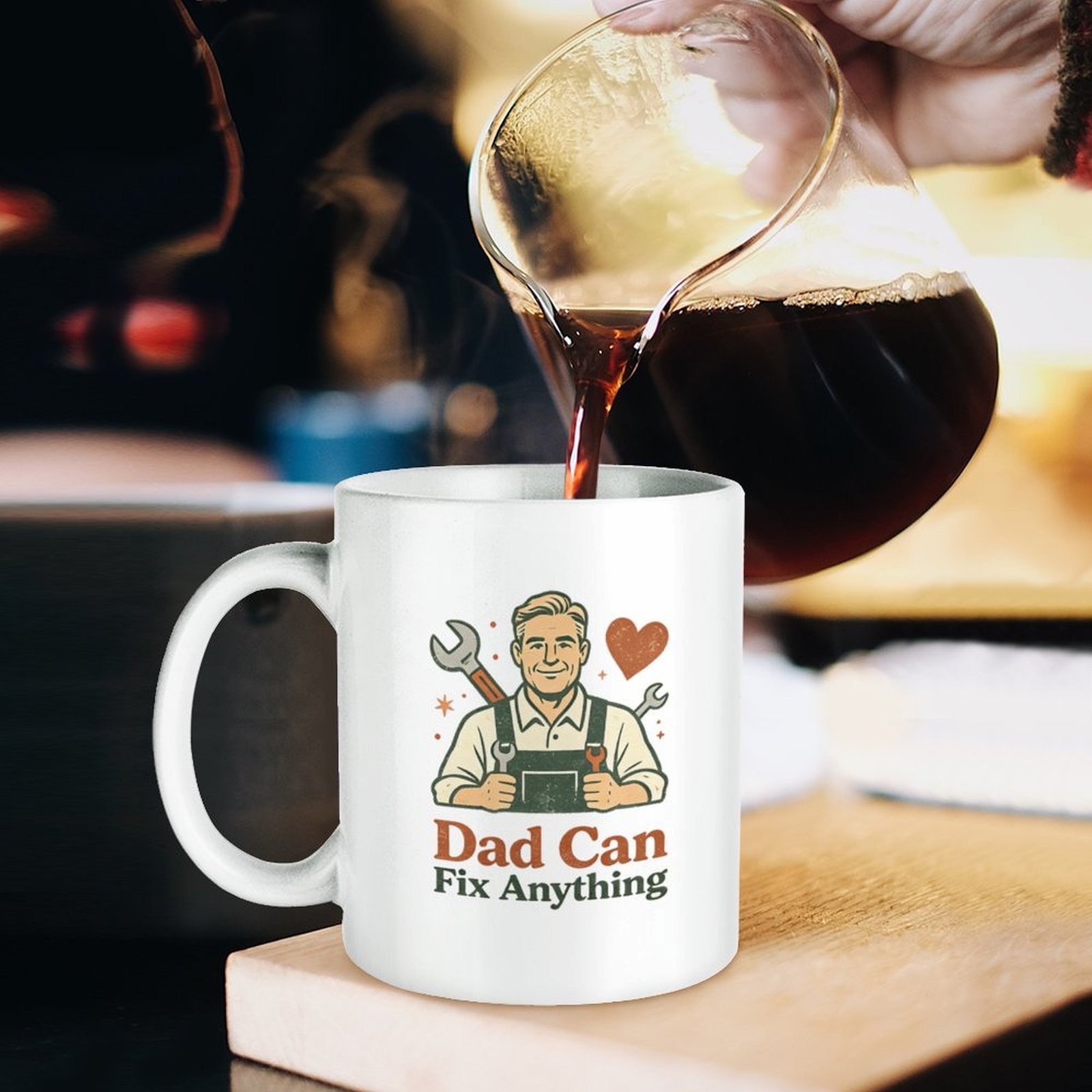 "Dad Can Fix Anything" mug being poured with coffee, styled as a cozy Father’s Day gift for dads who love to tinker and fix things.