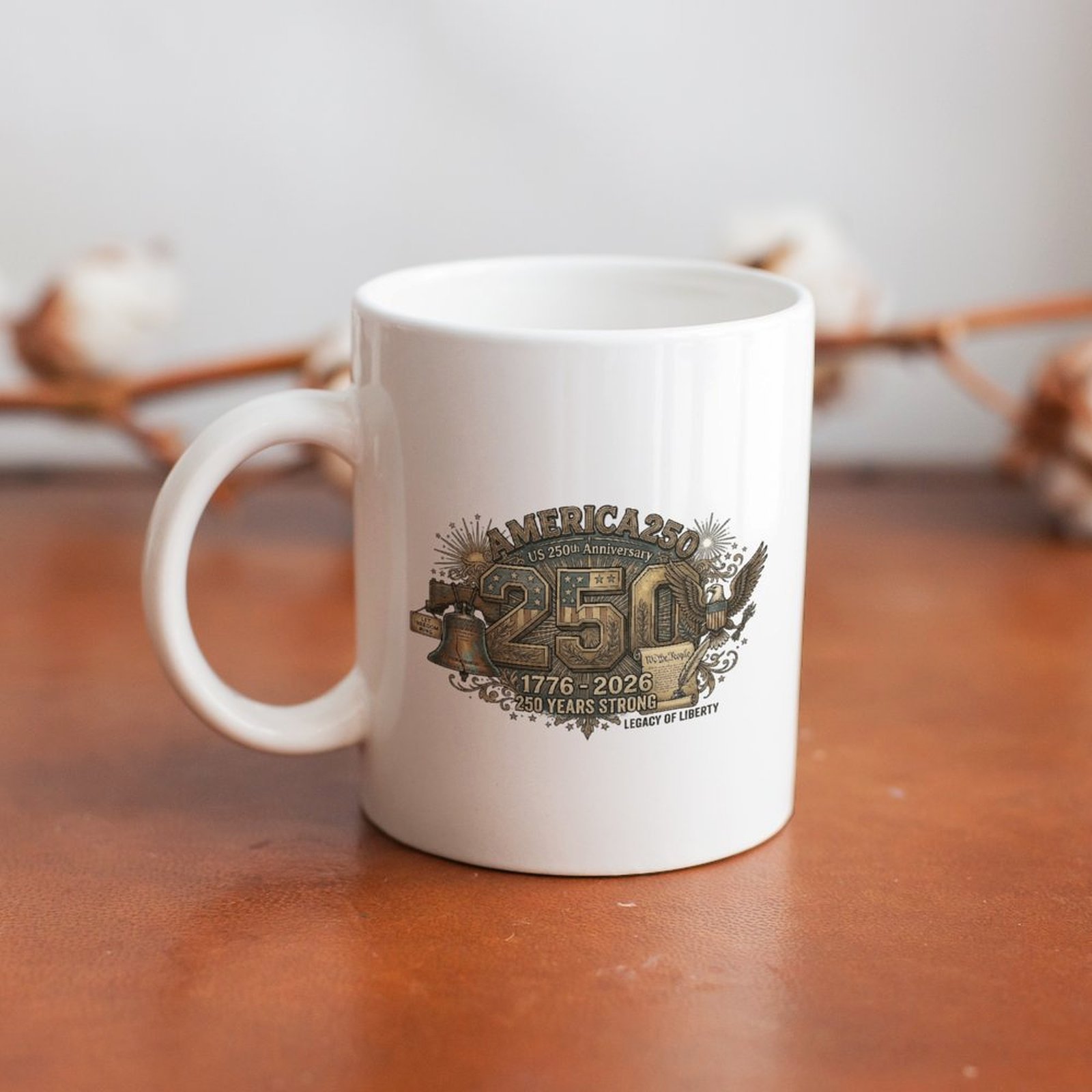 Decor display photo of the vintage USA anniversary mug placed on warm wood table.