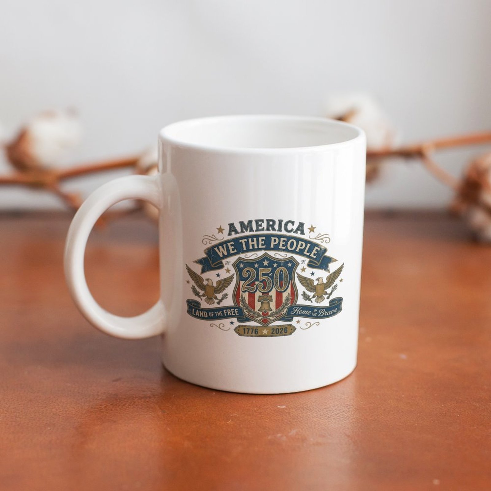 Table display photo of retro eagle patriotic mug set on warm wooden desktop.