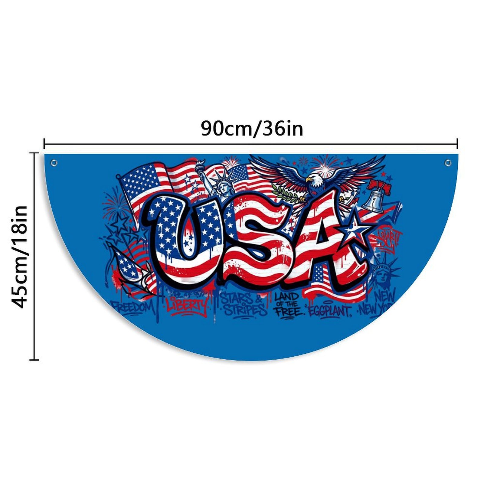 36×18in: 36×18in blue graffiti-style “USA” half-round flag, featuring American symbols for patriotic decor.