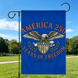 America 250th anniversary garden flag shown on a porch with an American flag, showcasing the vintage eagle design as part of patriotic outdoor decor.