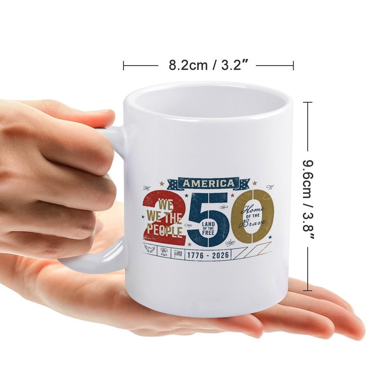 Hand-held size reference shot: standard ceramic mug dimension: top diameter 8.2cm, total height 9.6cm.