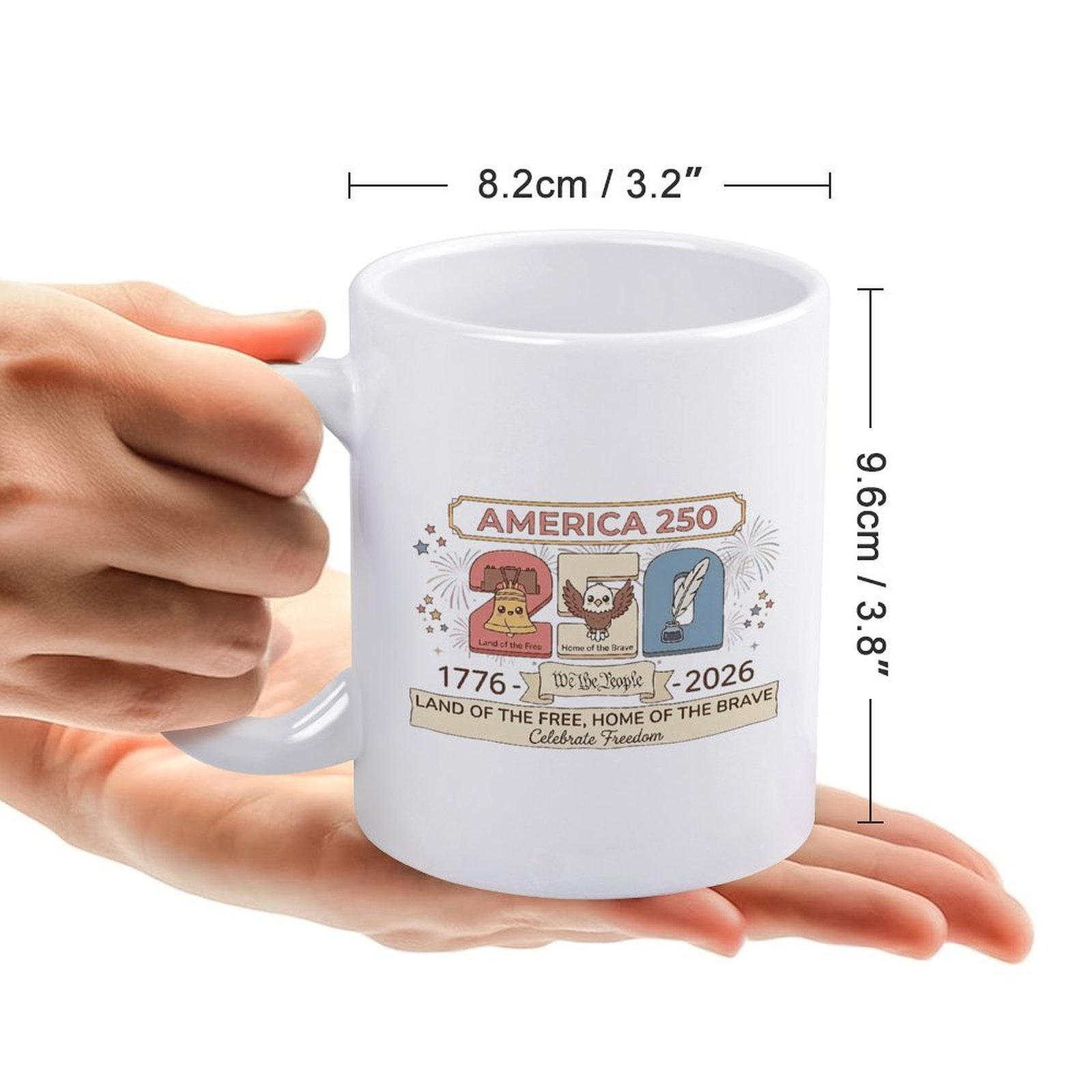 Handheld size reference photo: standard ceramic mug dimension: top diameter 8.2cm, total height 9.6cm.