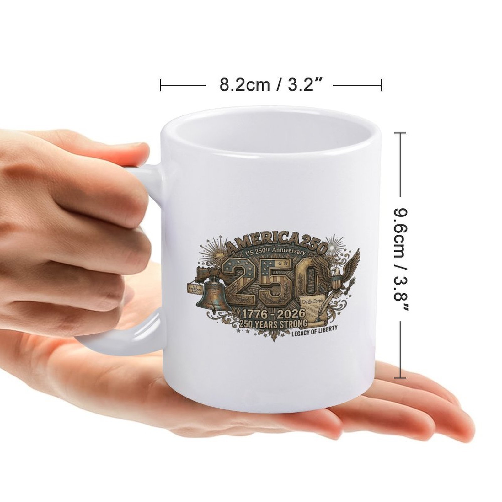 Size reference picture: mug measures 8.2cm wide and 9.6cm tall held in hand