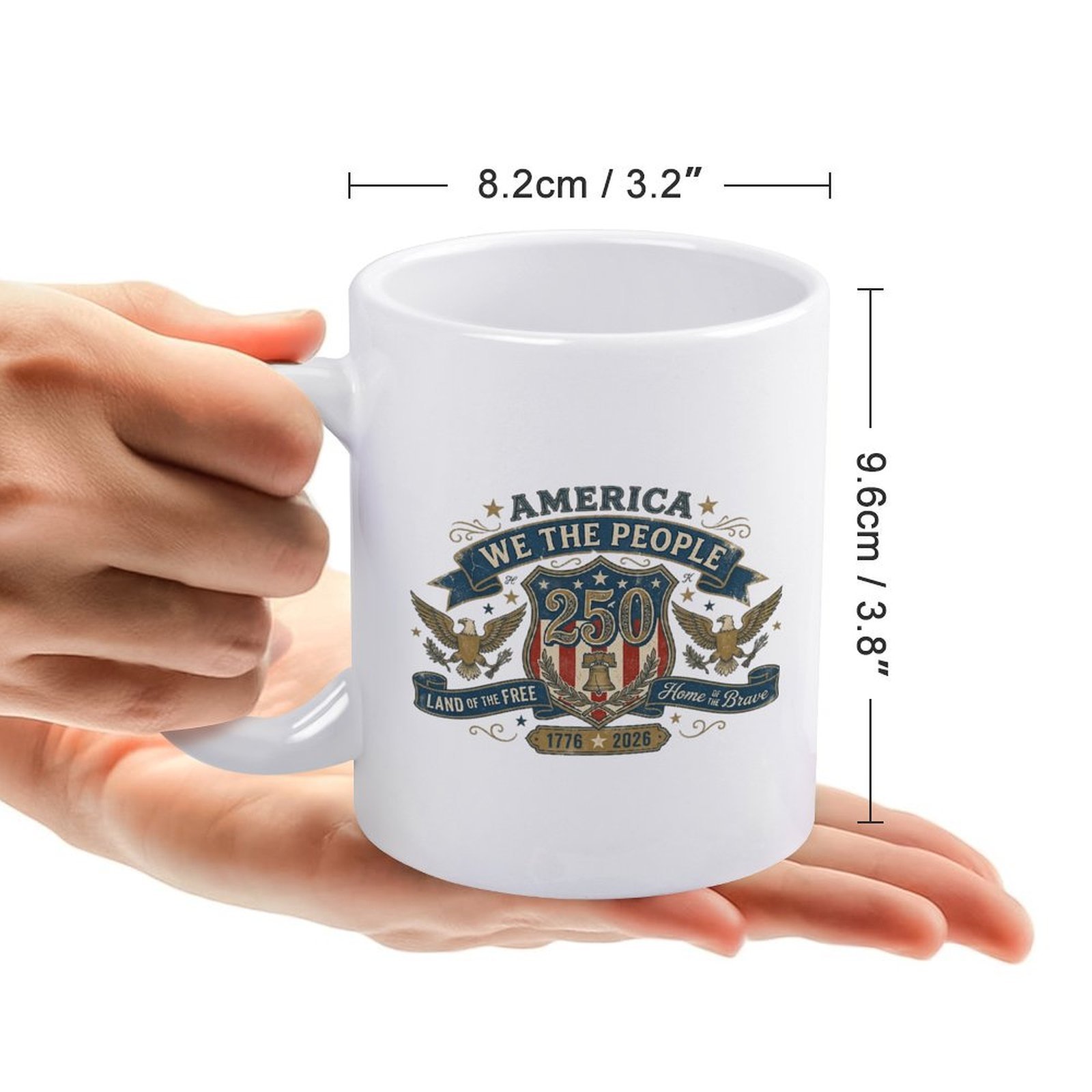 Hand size reference shot showing mug dimensions 8.2cm × 9.6cm.