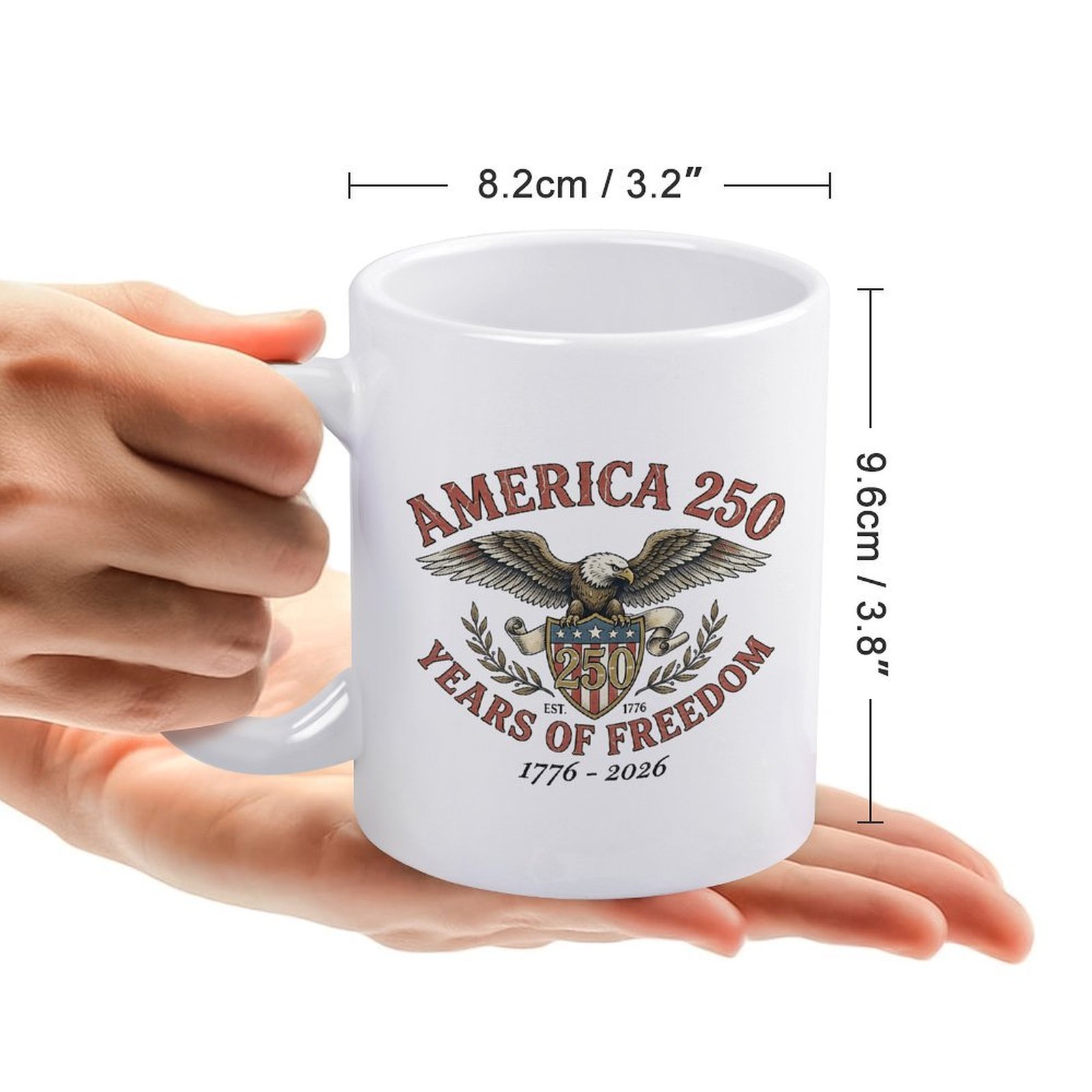 Size chart for the mug, showing dimensions: 8.2cm/3.2" wide, 9.6cm/3.8" tall, with a hand holding the mug for scale.