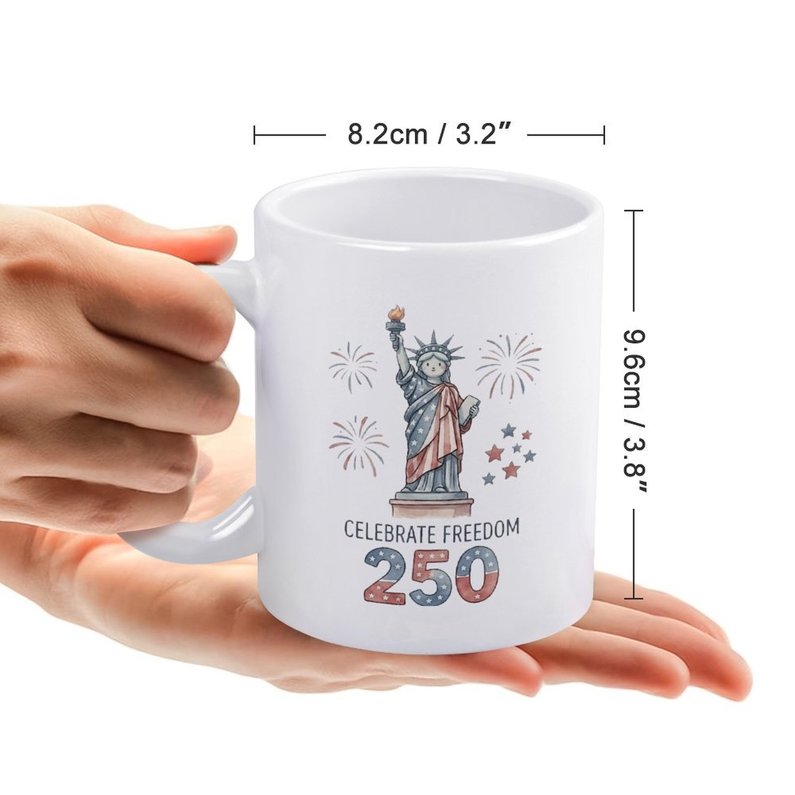 Size chart for the mug, showing dimensions: 8.2cm/3.2" wide, 9.6cm/3.8" tall, with a hand holding the mug for scale.