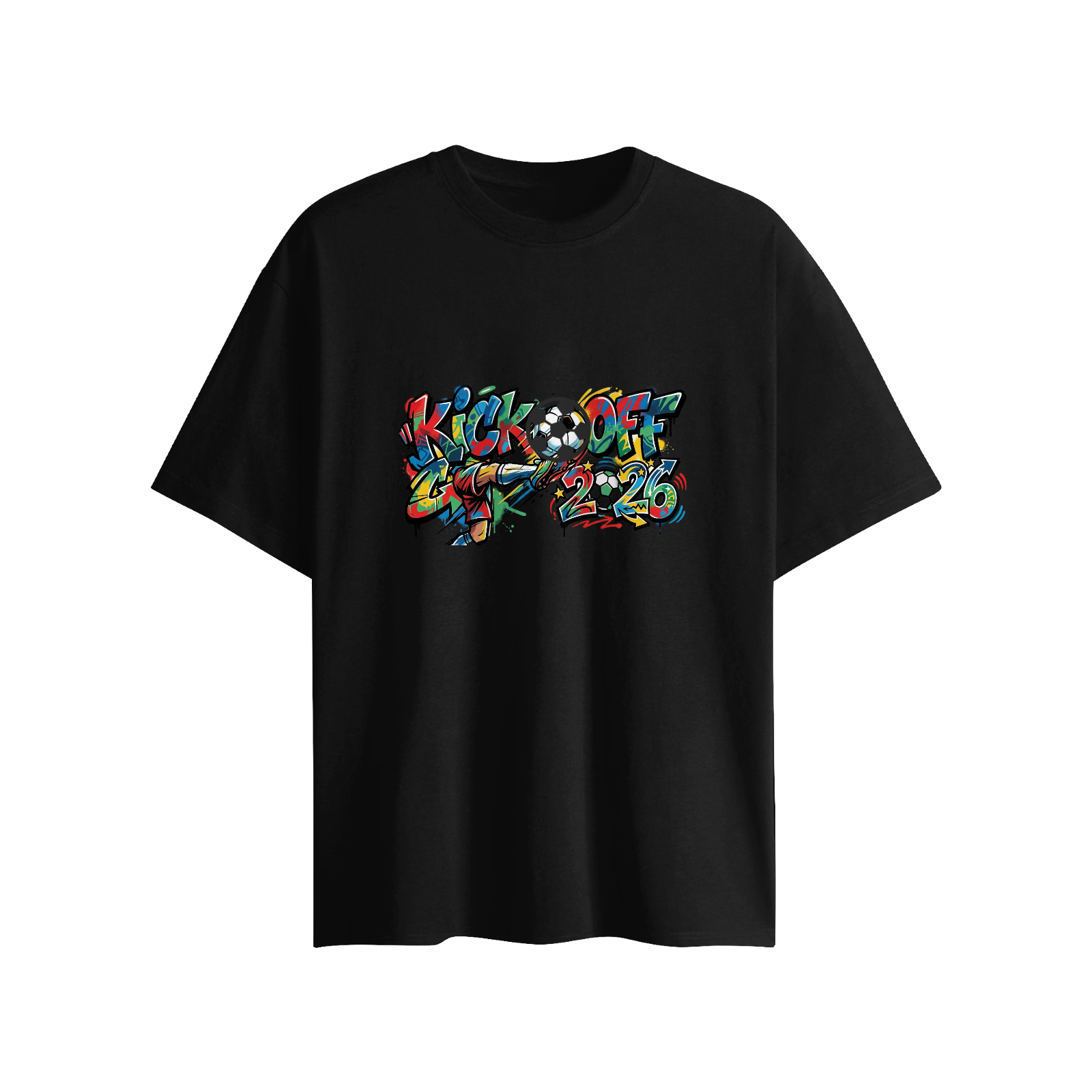 Black oversized cotton short sleeve tee with colorful Kick Off 2026 street art soccer print & 3D football charm