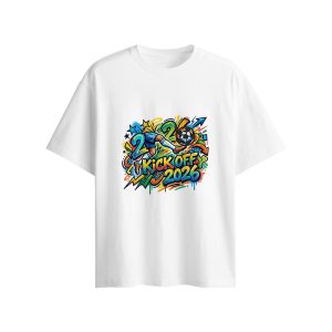 White tee flat lay: 2026 Kick Off colorful graffiti soccer graphic cotton short sleeve t-shirt with 3D football charm