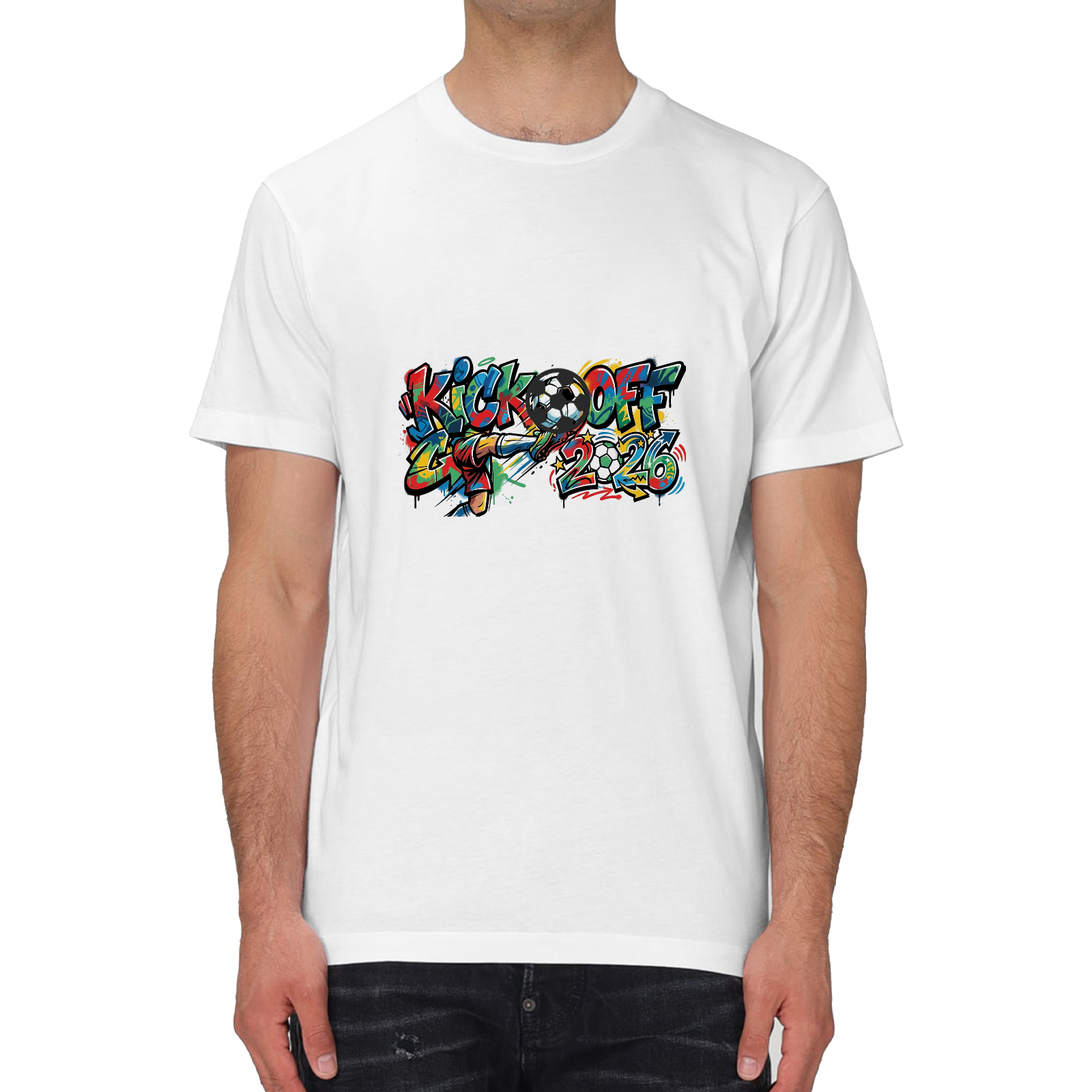 Male wearing white Kick Off 2026 graffiti soccer graphic cotton tee with detachable 3D football accessory
