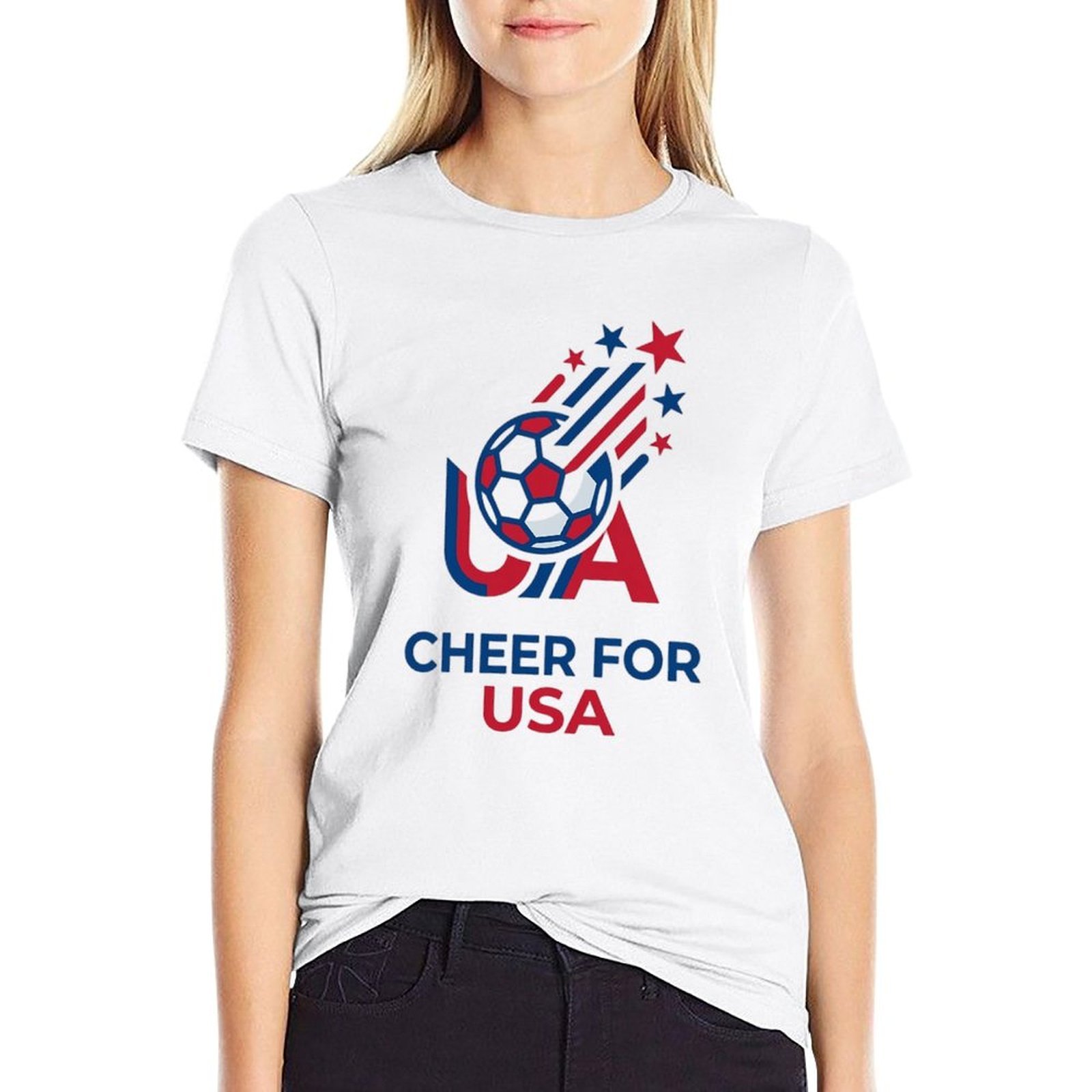 Lady wearing white Cheer For USA star soccer print casual tee, street patriotic football outfit