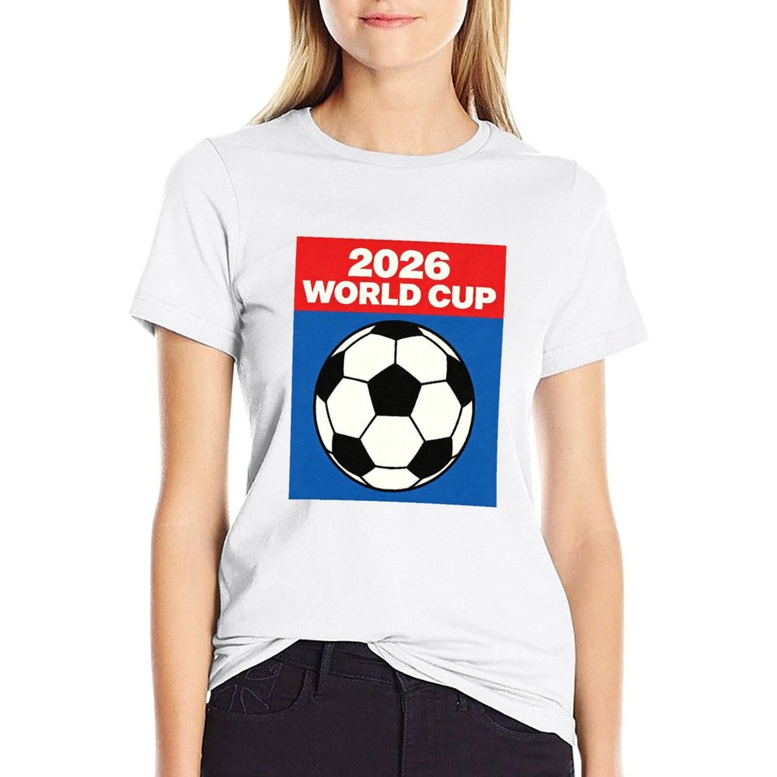 Lady wearing white 2026 World Cup block soccer print casual tee for street fan styling