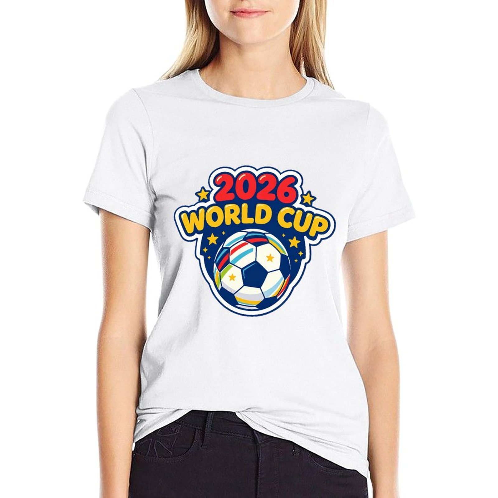 Lady wearing white cartoon star border World Cup soccer print casual tee for street fan styling