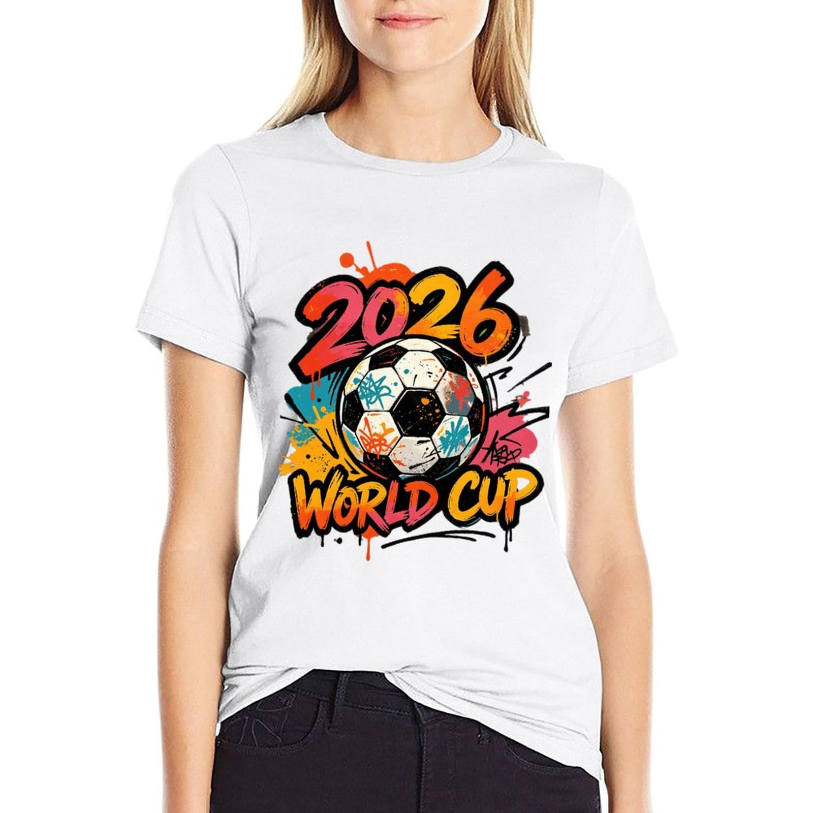Lady wearing white colorful drip graffiti 2026 World Cup soccer print casual tee for street fan styling