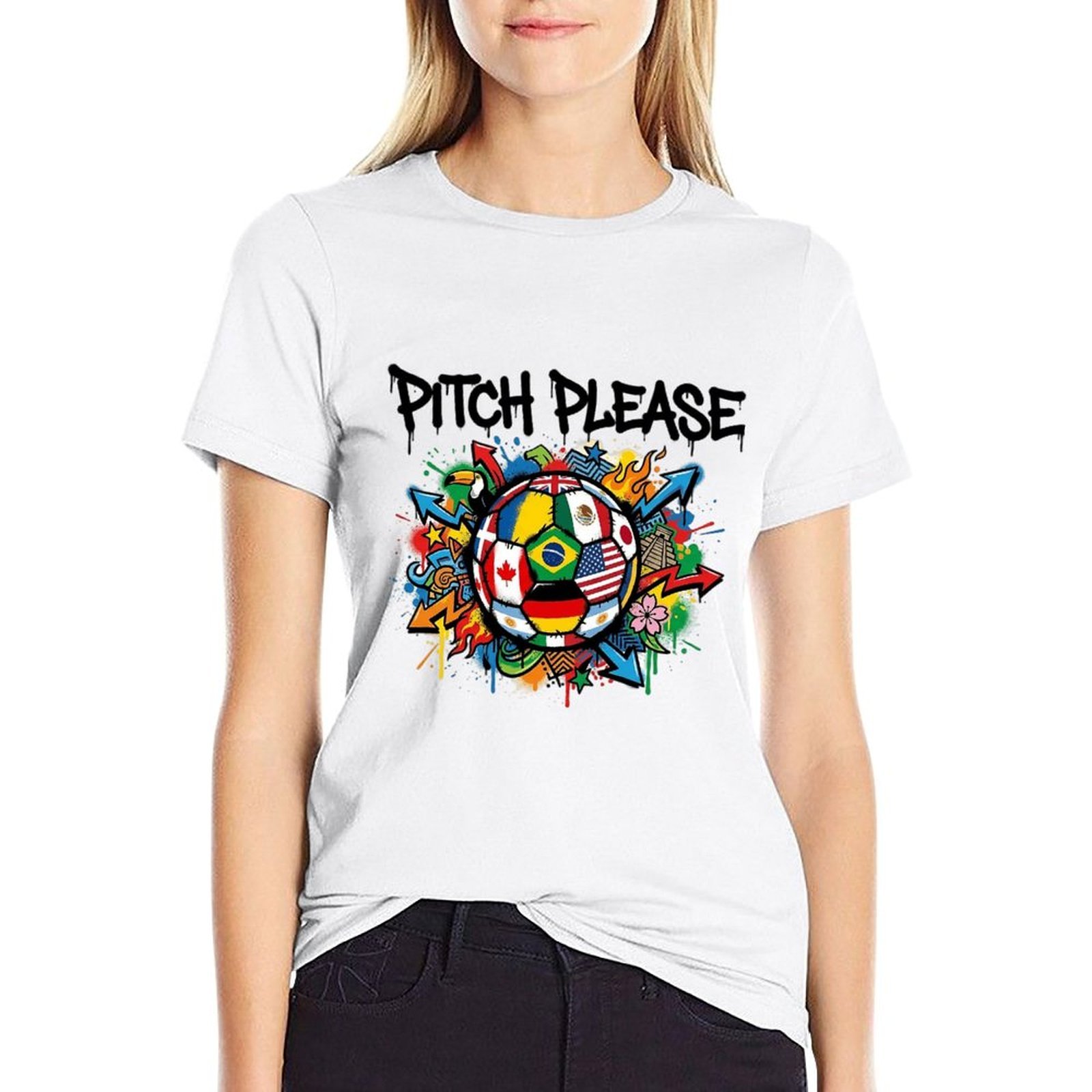 Woman wearing white cotton tee with colorful graffiti multi-country flag soccer ball & Pitch Please front print, casual fan street outfit