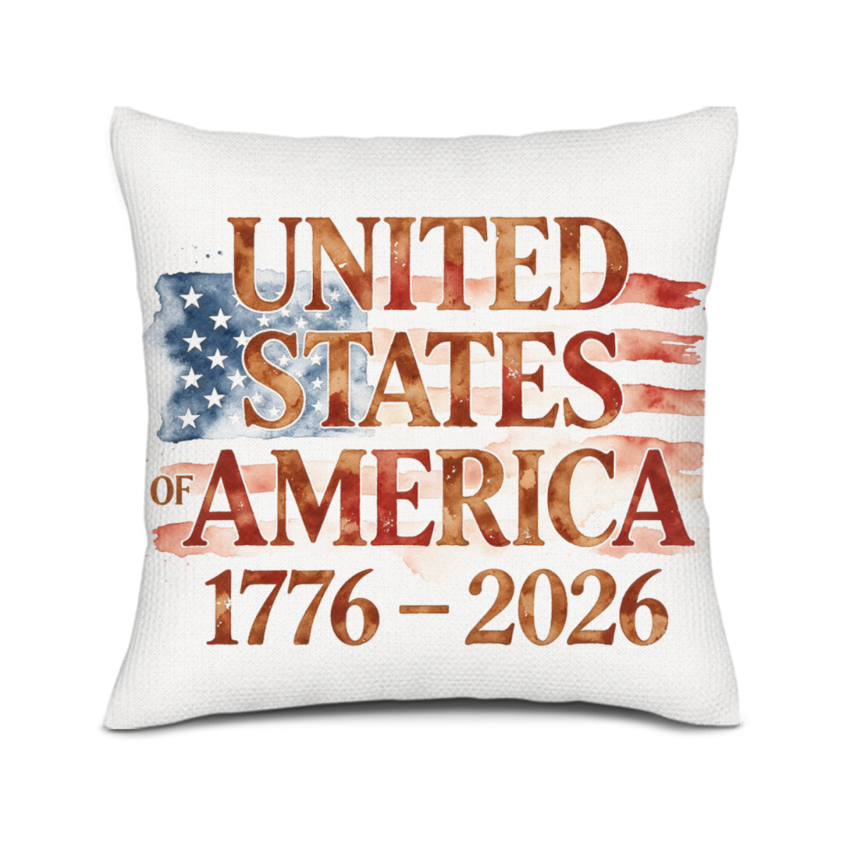 White linen pillow sleeve with watercolor distressed US flag & United States of America 1776-2026 front print