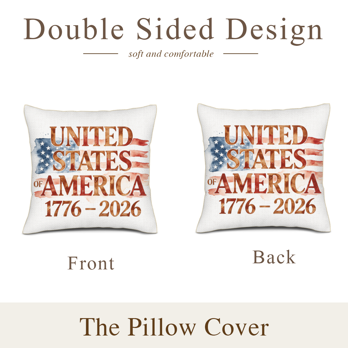 Front and back identical printed patriotic 250th anniversary throw pillow cover layout