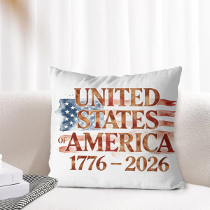 Watercolor flag printed pillow cover arranged on indoor sofa for daily home decor display
