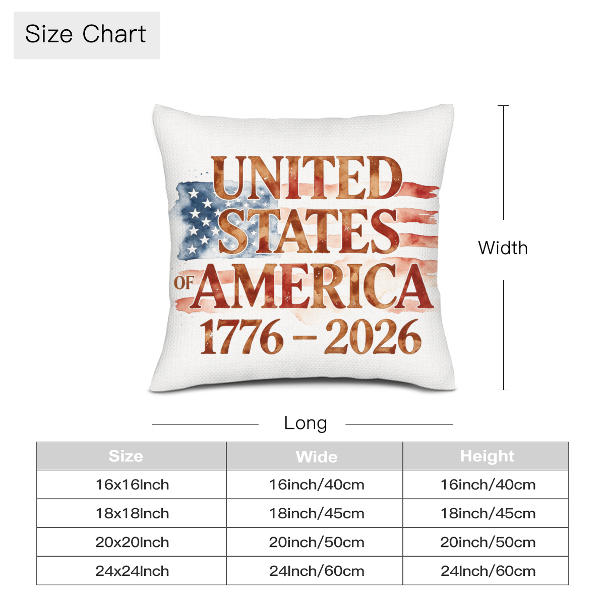 Four-size dimension table (16/18/20/24 inch) for watercolor USA 1776-2026 patriotic linen pillow cover