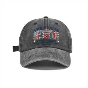 Dark grey washed distressed denim baseball cap with retro USA landmark firework America250 patriotic typography graphic, USA 250 casual outdoor sun dad hat