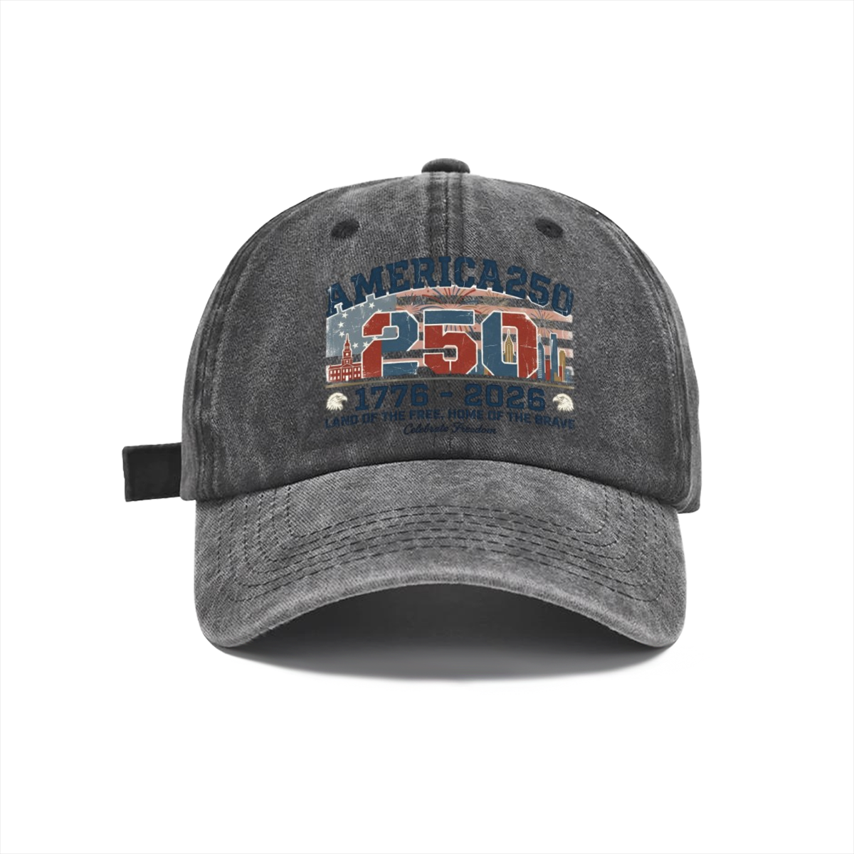 Dark grey washed distressed denim baseball cap with retro USA landmark firework America250 patriotic typography graphic, USA 250 casual outdoor sun dad hat