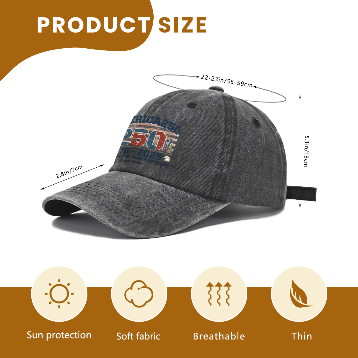 Size specification chart for USA 250th vintage washed landmark firework graphic baseball cap, adjustable circumference 22-23in/55-59cm, lightweight sun-protective casual dad hat